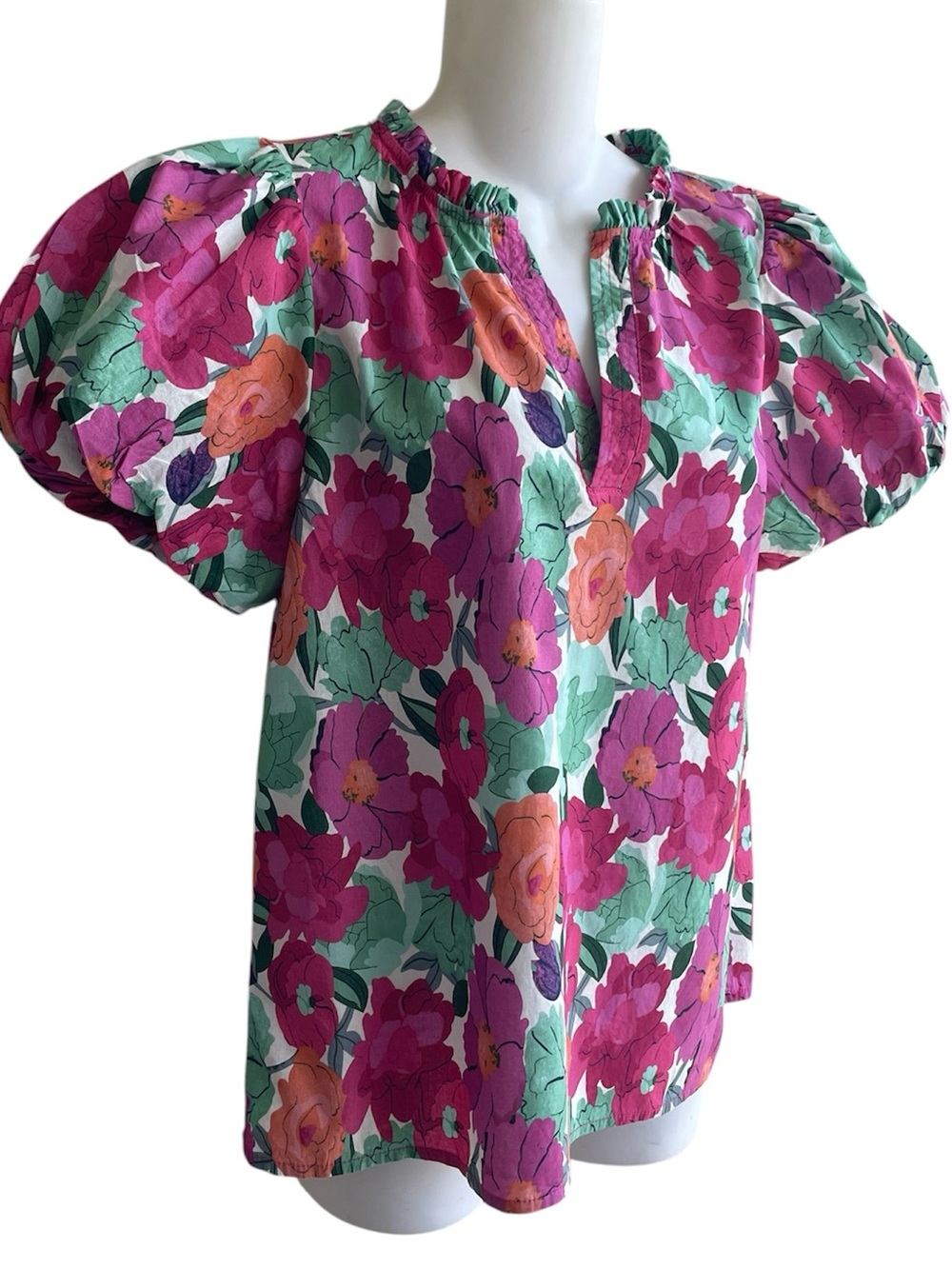 GiGio Puff Sleeve Ruffle Neck Floral Blouse Pullover Prink Green Woman's Medium